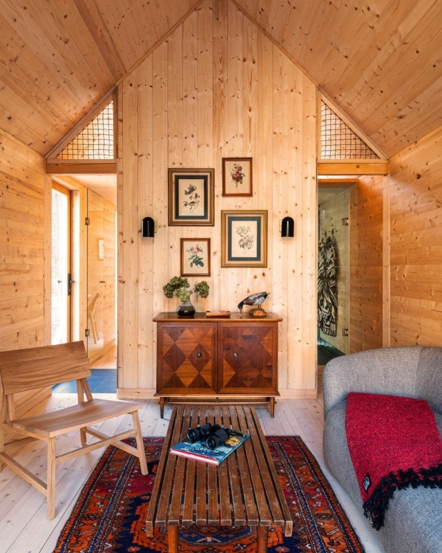 Rustic Cabin Living Room: Wood Paneling, Geometric Marquetry Sideboard