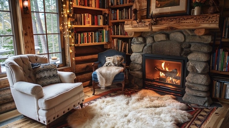 Rustic Cabin Reading Nook with Log Walls and Stone Fireplace.