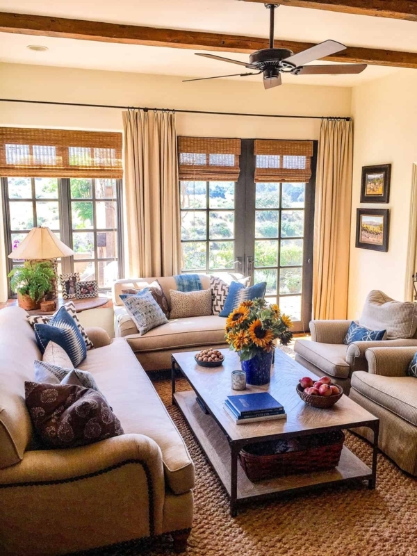 Rustic Chic Living Room with Layered Window Treatments