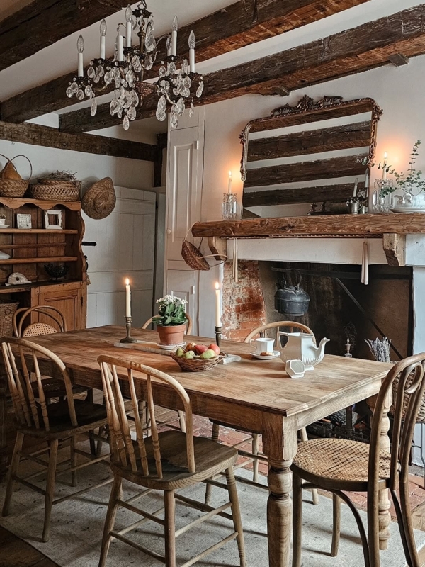 Rustic Cottage Dining Room Layout with Rough-Hewn Beams & Crystal Chandelier