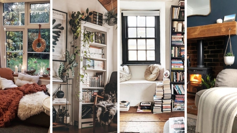 Rustic Cottage Reading Nook Ideas featuring a Wood Burning Stove
