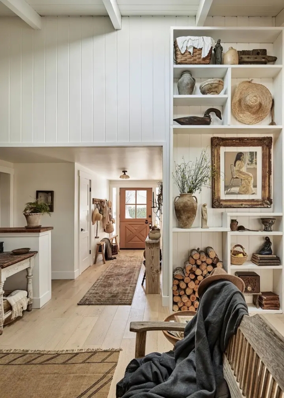 Rustic Entryway Integrated Log Storage Vertical Shiplap Shelving