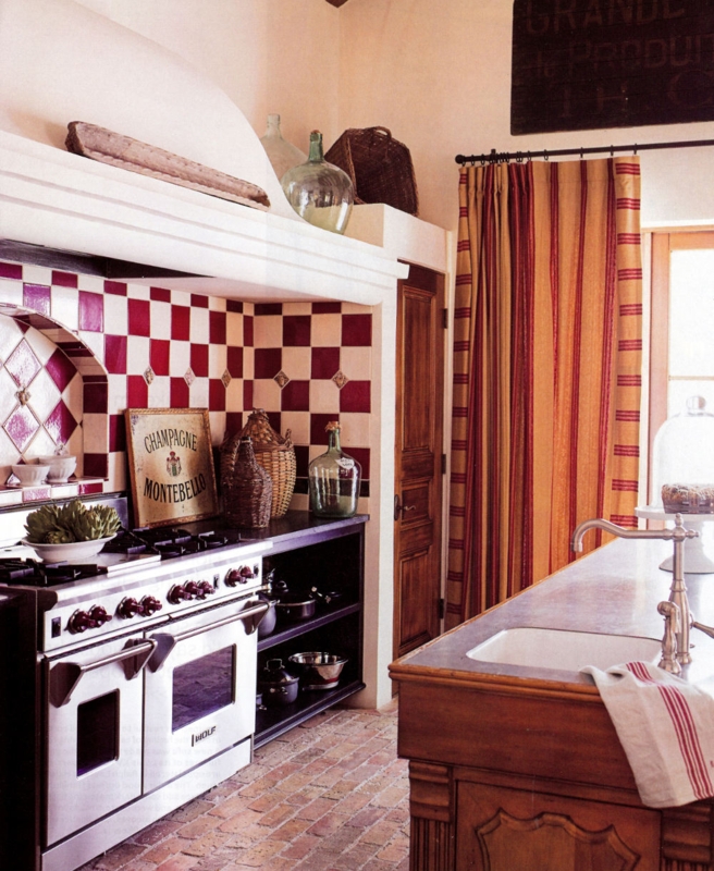 Rustic French Country Kitchen with Brick Floor and Red Checkered Tile