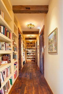 Rustic Hallway Library with Exposed Beams and Wide Plank Floors