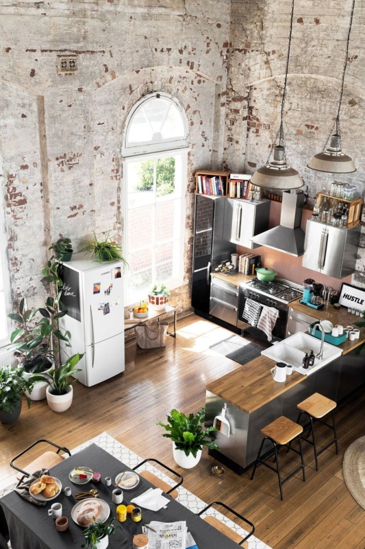 Rustic Industrial Kitchen White Washed Brick Arched Window Design