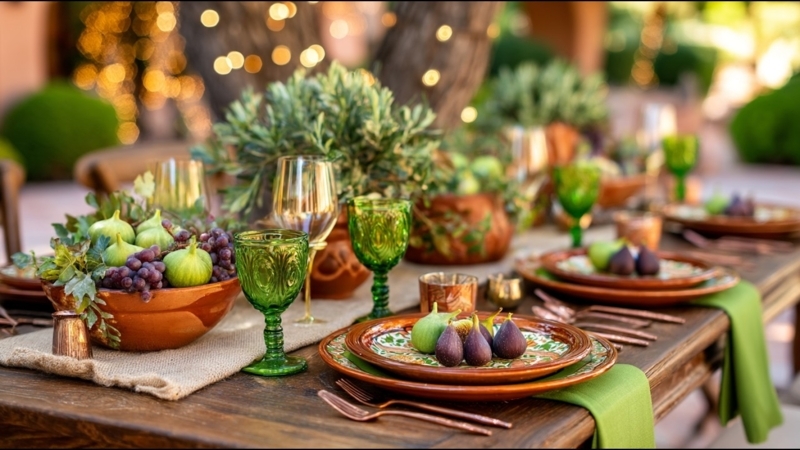 Rustic Italian Tablescape with Terracotta & Emerald Glassware