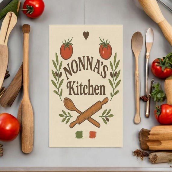 Rustic Italian Tea Towel: Tomato and Olive Border Print & Nonna Graphic