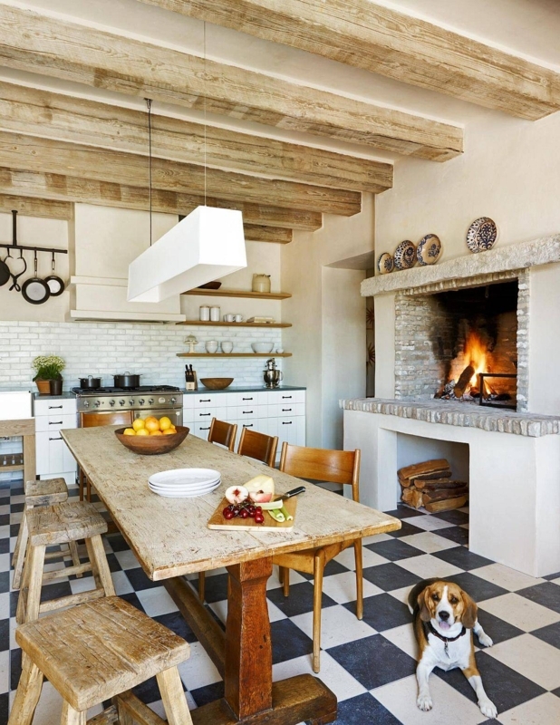 Rustic Kitchen Design: Checkered Floor, Exposed Beams & Fireplace