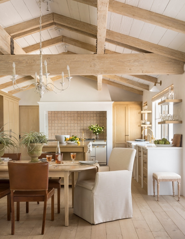 Rustic Kitchen & Dining: Exposed Beams, Patterned Tile Backsplash.