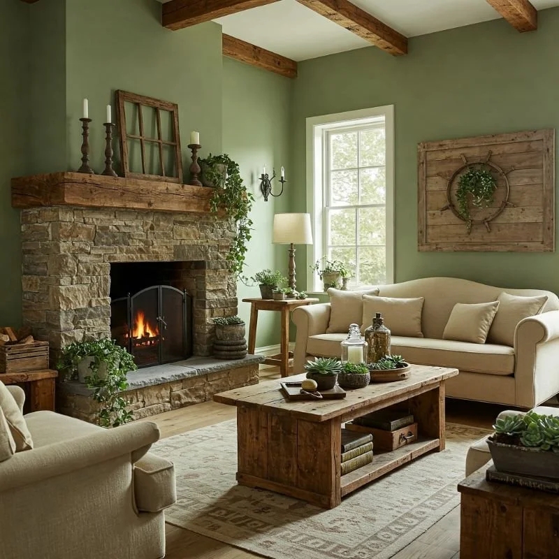 Rustic Living Room with Stone Fireplace and Exposed Beams