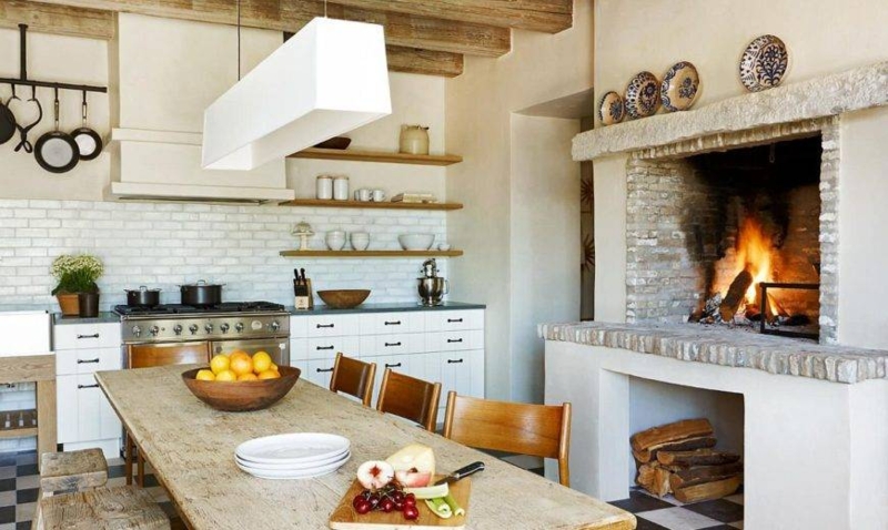 Rustic Mediterranean Kitchen Layout: Recessed Fireplace & Pendant Light