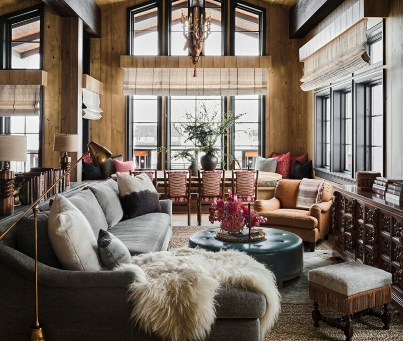 Rustic Mountain Lodge Living Room with Wood Paneled Ceiling & Fur Throw.