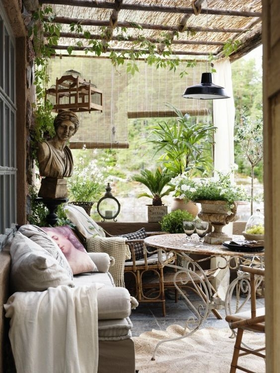 Rustic Patio Furniture Set Under Reed Thatch Pergola