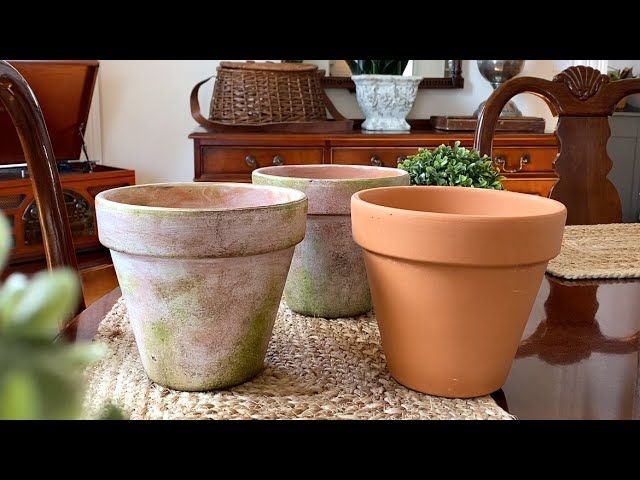 Rustic Planter Set Moss Patina Thick Rim Aged Finish Terracotta