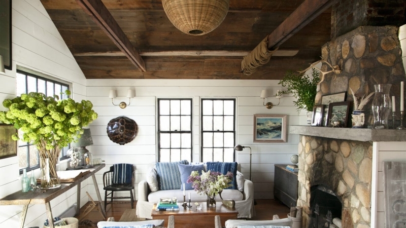 Rustic Stone Fireplace Design Dark Wood Ceiling Beams