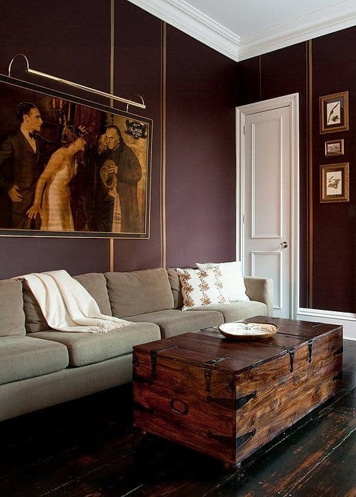 Rustic Trunk Coffee Table Styling with Aubergine Walls and Gold Stripes