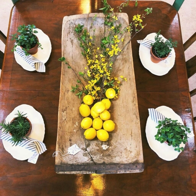 Rustic Wood Dough Bowl Centerpiece with Lemons & Potted Herbs