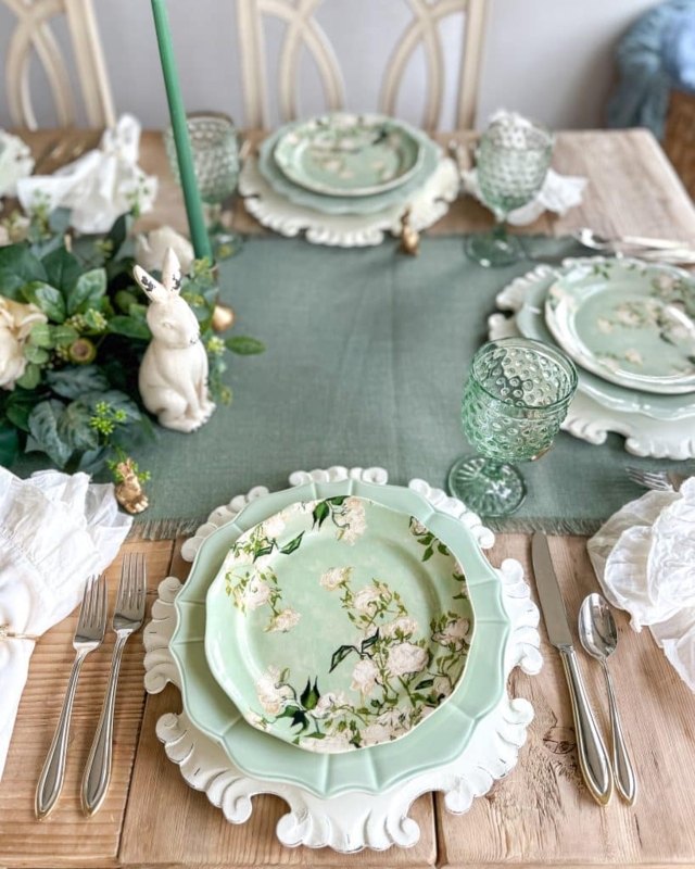 Sage Green Floral Dinnerware Set Hobnail Glassware Scalloped Edge