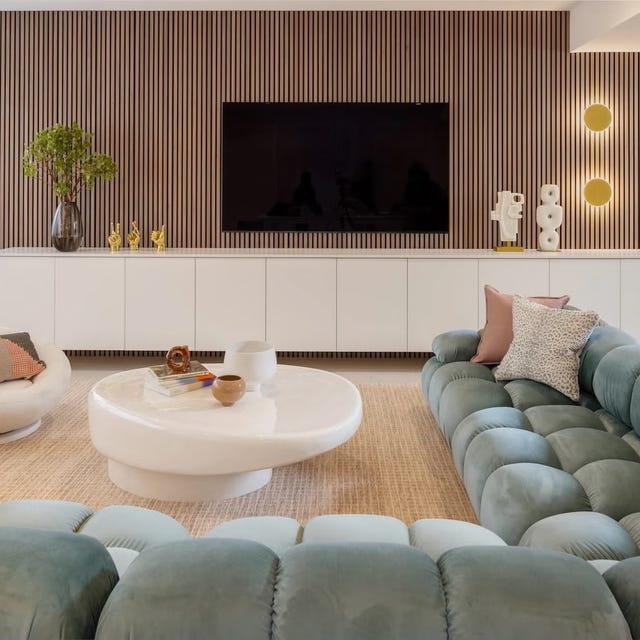 Sage Green Tufted Modular Sectional Sofa with Slatted Accent Wall
