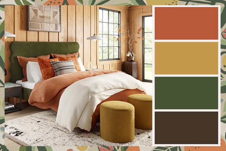 Scalloped Green Headboard Bed with Wood Paneling in a Rustic Bedroom.