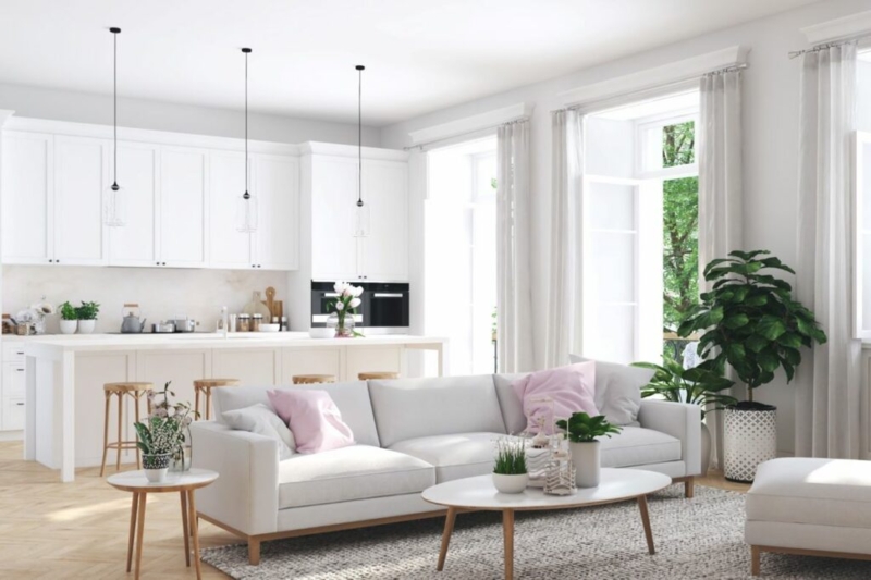 Scandinavian Apartment Layout: Minimalist White Decor & Large Plants