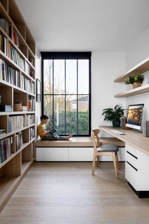 Scandinavian Home Office: Integrated Window Seat and Handleless Cabinetry