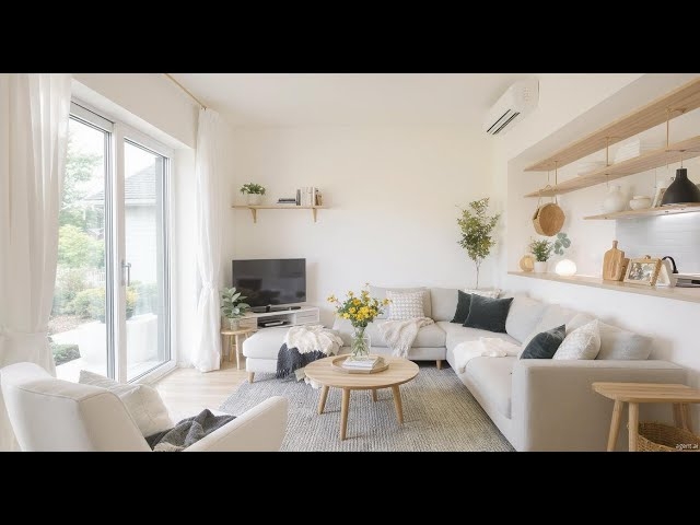 Scandinavian Minimalist Living Room with Sliding Glass Doors