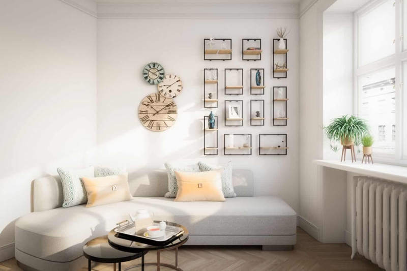 Scandinavian Minimalist Room: Grid Wall Shelves & Rounded Sectional