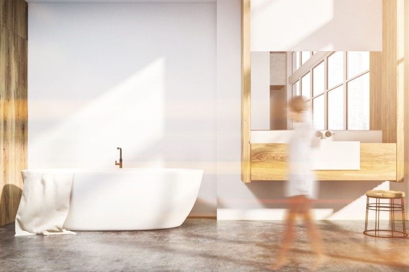 Scandinavian Style Spa Bathroom with Floating Wood Vanity & Slat Wall