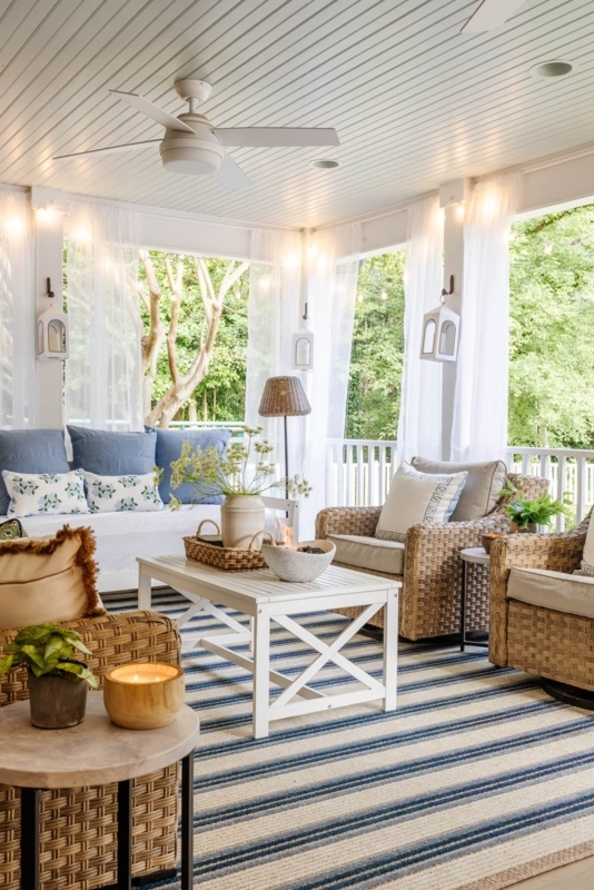 Screened Porch with Coastal Blue Striped Rug and Sheer Curtains