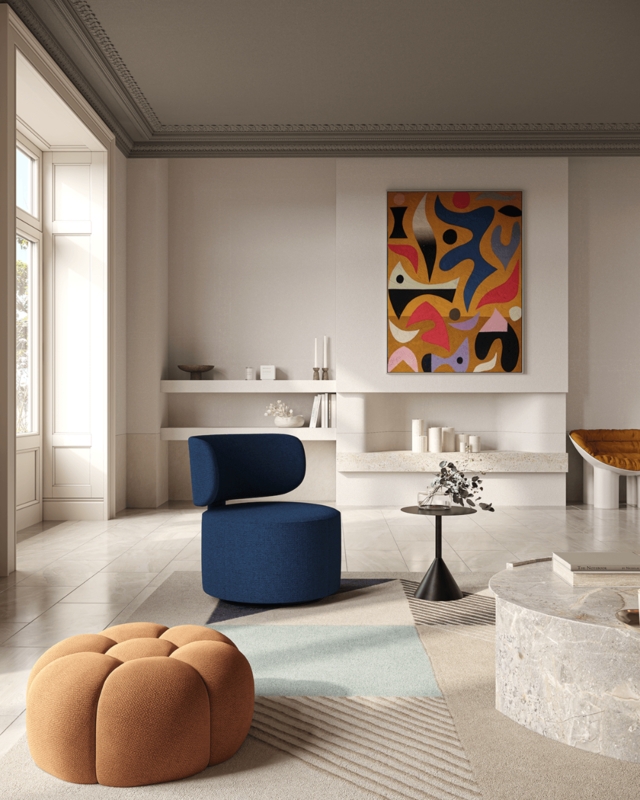 Sculptural Cobalt Blue Accent Chair with Pumpkin Shaped Ottoman