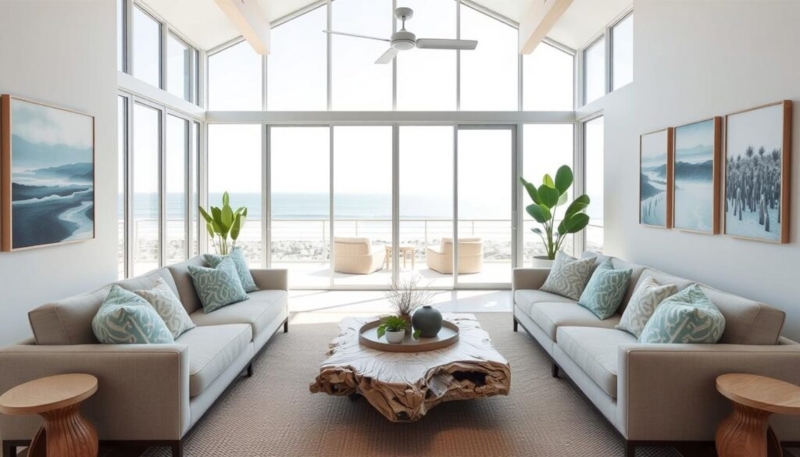 Sculptural Root Style Coffee Table in Symmetrical Coastal Living Room