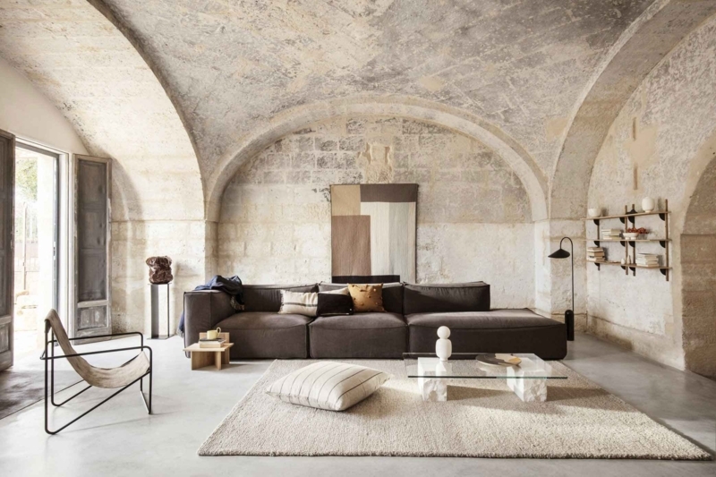 Sectional Sofa Low Profile Modular Minimalist Living Room Stone Walls