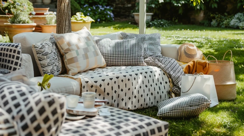Sectional Sofa Mixed Geometric Patterns High Contrast Textiles
