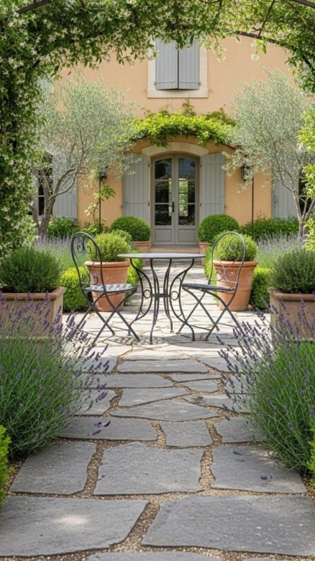 Serene Provencal Metal Bistro Set located on Irregular Flagstone Pathway