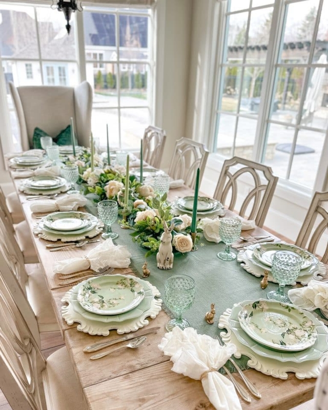 Shabby Chic Tablescape Beaded Green Glassware Sage Green Runner
