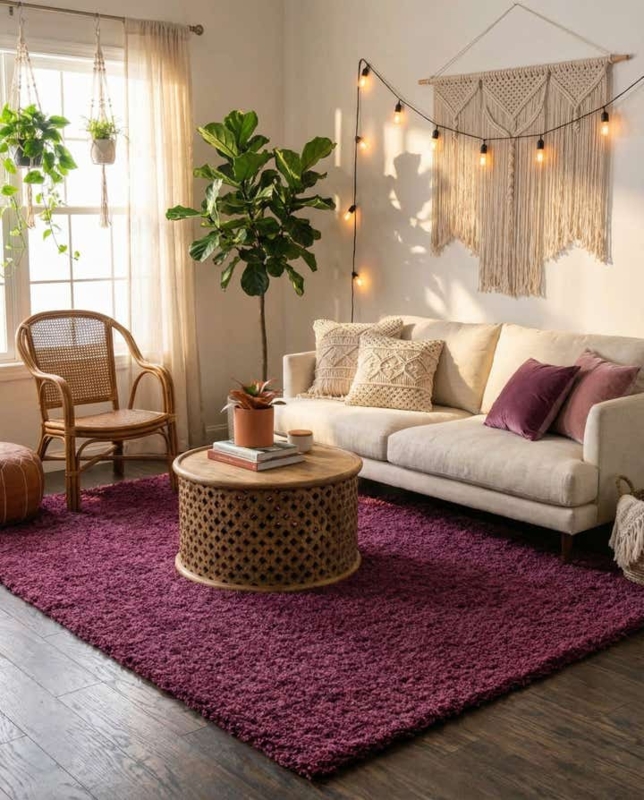 Shag Rug Living Room with Macrame Wall Hanging Decor Ideas