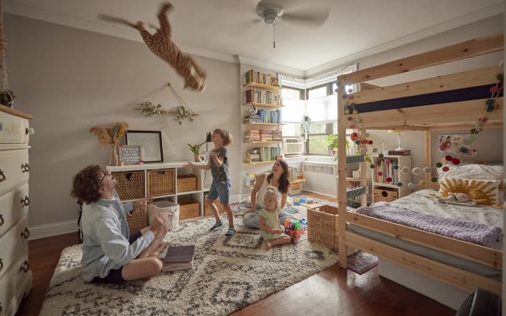Shared Kids Bedroom with Wood Bunk Bed Frame and Boho Geometric Rug