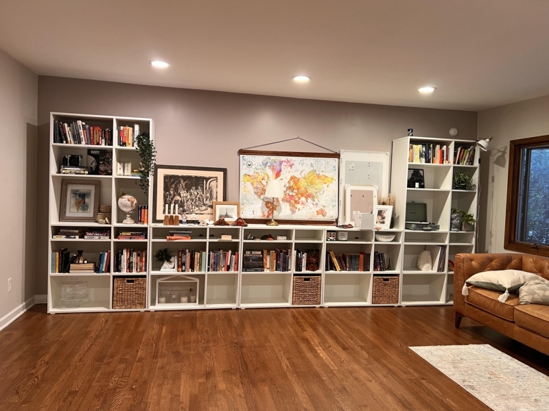Shelving Unit: Modular Cube Design Creating a Custom Built-in Look.