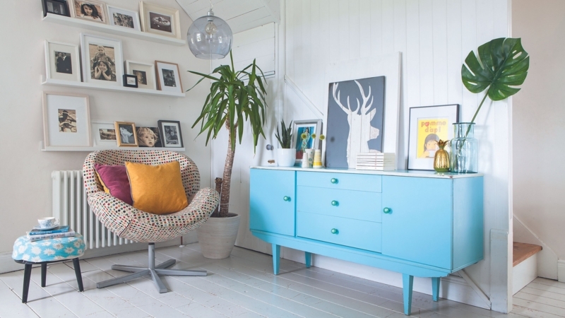 Sideboard Bright Blue Finish Eclectic Living Room Dotted Upholstery