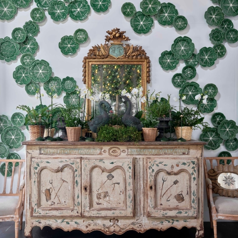 Sideboard with Cabbage Leaf Plate Wall and Painted Garden Motifs
