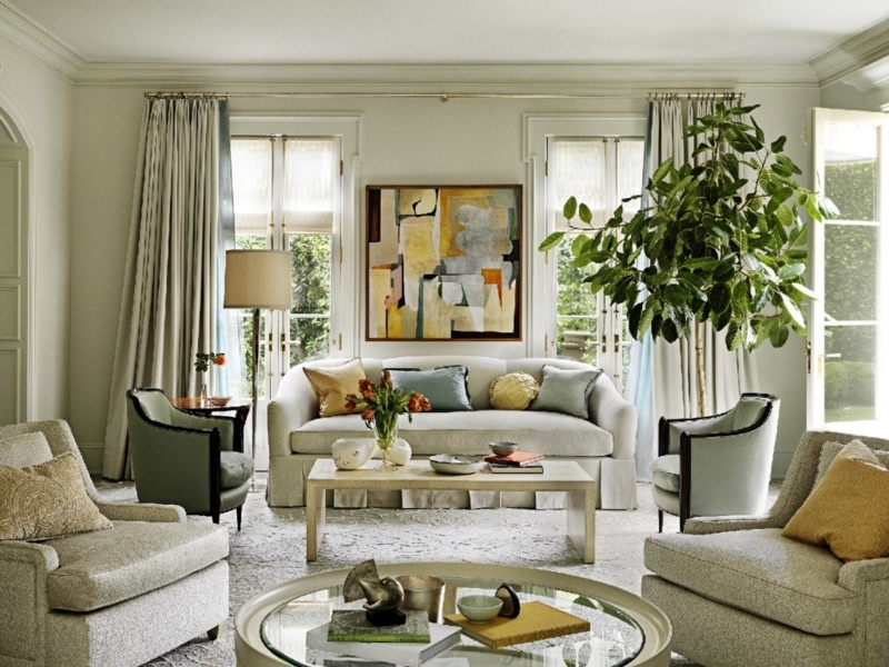 Skirted Sofa and Oversized Abstract Art in Transitional Living Room