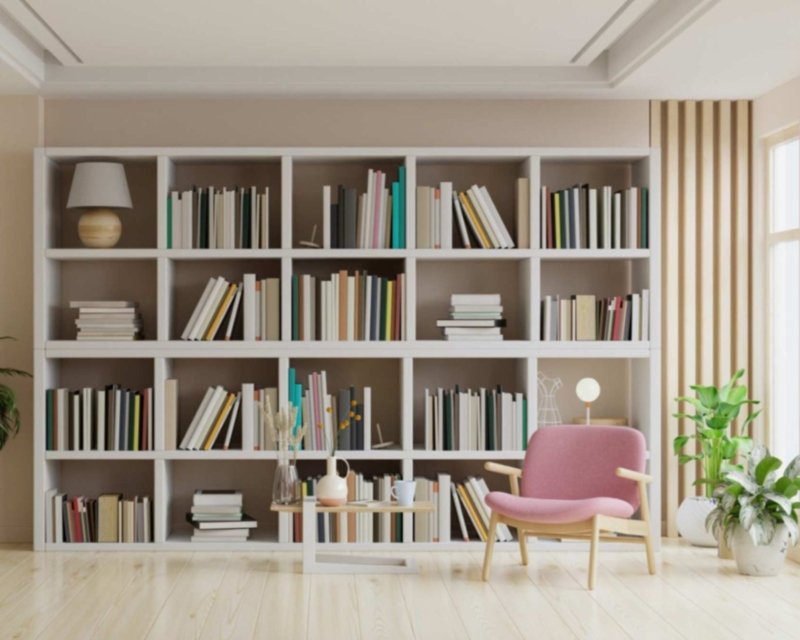 Slatted Wood Accent Wall paired with Modern Grid Bookcase