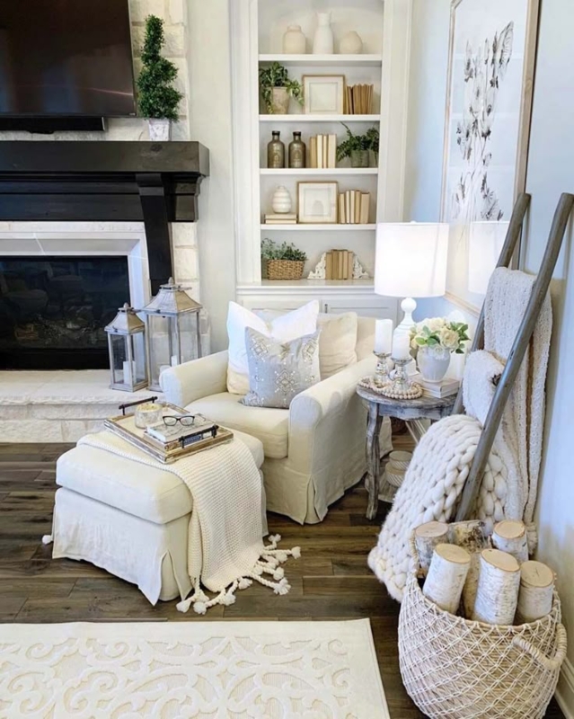 Slipcovered Accent Chair & Ottoman in Neutral Farmhouse Nook.