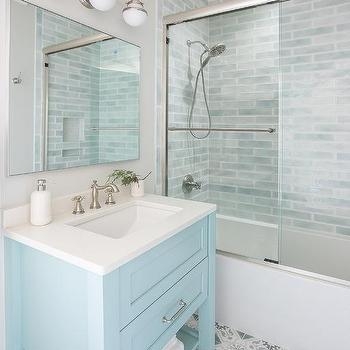 Small Bathroom Vanity with Drawers, Sky Blue Finish and Chrome Accents