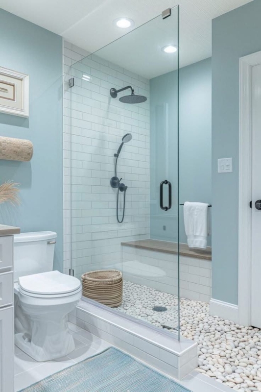 Small Bathroom with Pebble Floor Walk-In Shower and Matte Black Fixtures