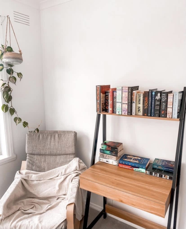 Small Space Ladder Desk Nook with armchair and hanging planter.