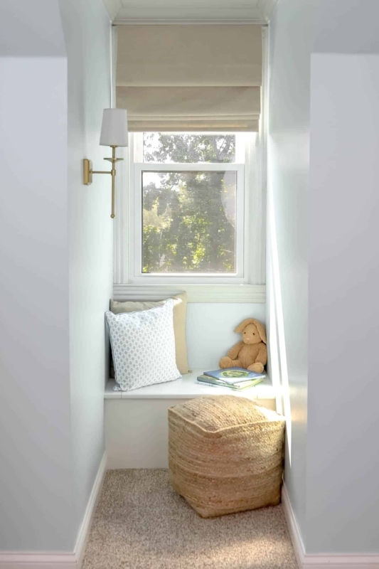 Small Space Window Alcove Reading Nook with Textured Jute Pouf