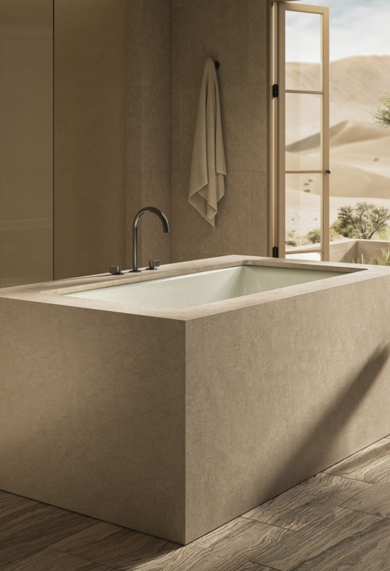 Soaking Bathtub Desert Oasis Design with Monolithic Tub Surround