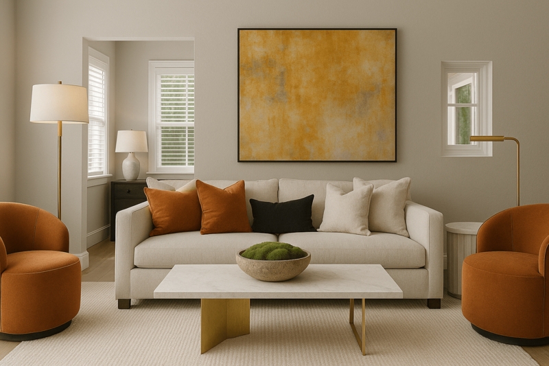 Sofa Cream Fabric with Rust Accent Chairs and Gold Details